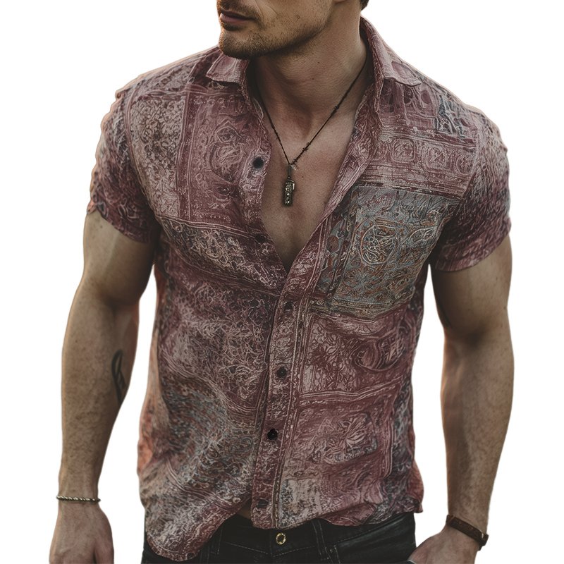 David | Men'S Retro Casual Gradient Print Lapel Short Sleeve Shirt