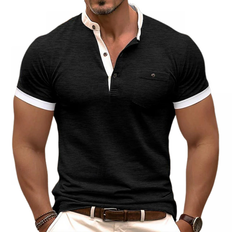 Men's Casal Colorblock Cotn Henley Collar Patch Pocket SliFit Short Sleeve T-ShirtM