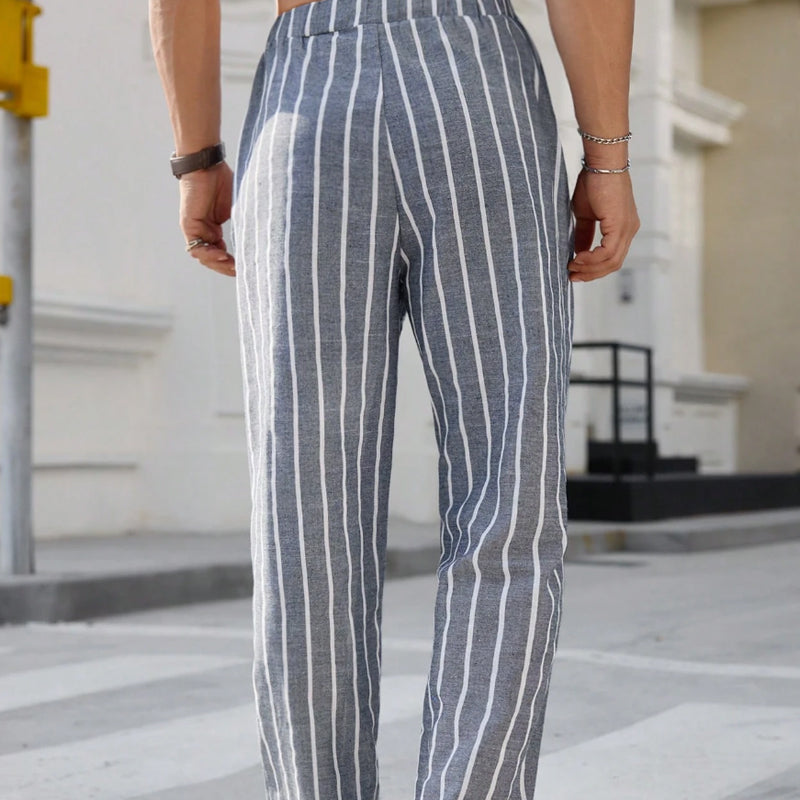 Men's Casal Cotn and Linen Striped Elastic Beach PantsX