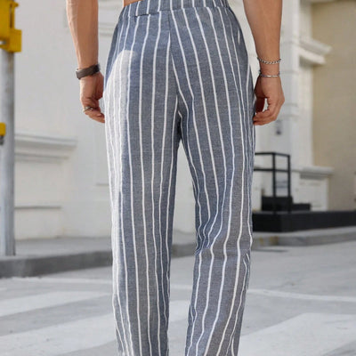 Men's Casal Cotn and Linen Striped Elastic Beach PantsX