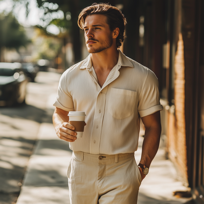 Edward | Men'S Casual Cotton Blended Stripe Lapel Patch Pocket Loose Short Sleeve Shirt