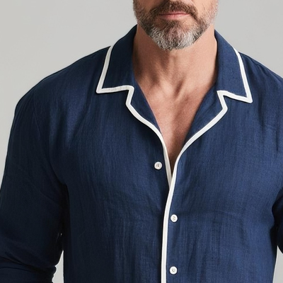 Jesse | Men'S White Trim Lapel Long Sleeve Cotton And Linen Shirt