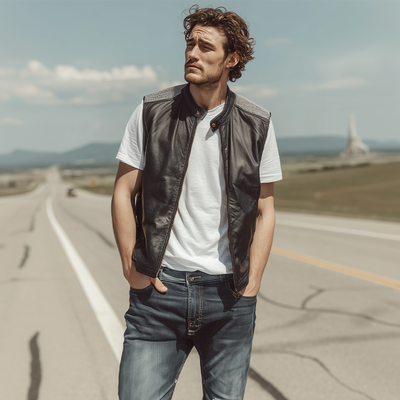 Daryl | Men'S Spring And Summer Fashion Casual Shoulder Splicing Mesh Fabric Stand Collar Zipper Leather Vest