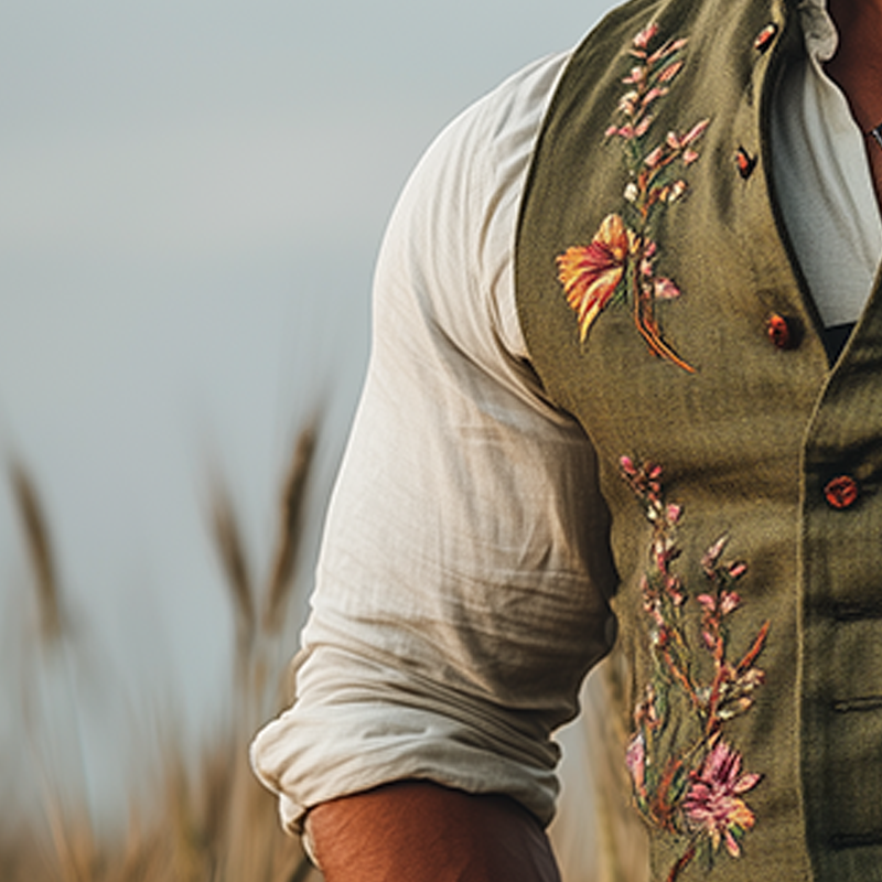Larry | Men'S Summer Fashion Embroidered Slub Linen Sleeveless Vest
