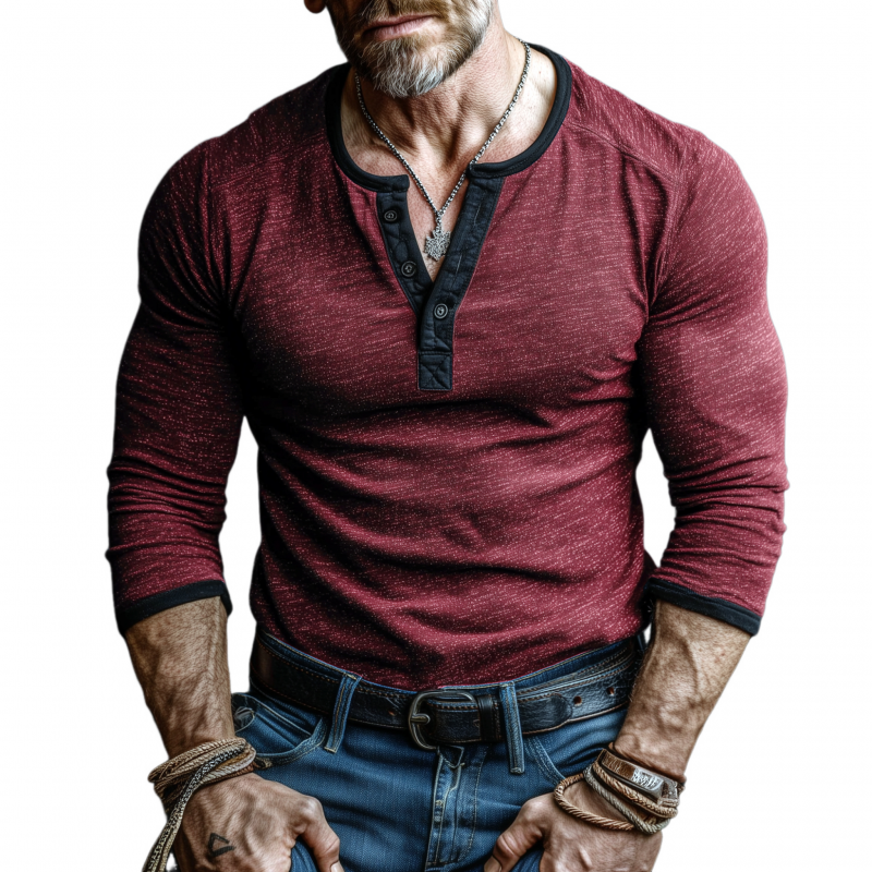 Roberto | Men'S Casual Cotton Contrast Color Patchwork Henry Collar Slim Fit Long Sleeve T-Shirt