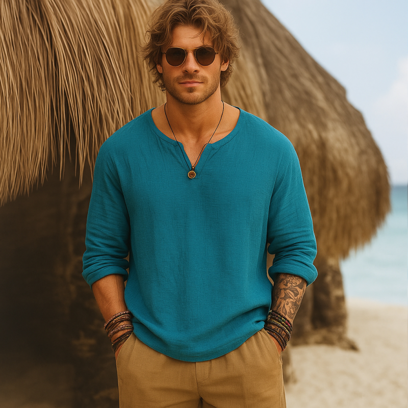 Clifton | Men'S Casual Solid Color Breathable Cotton Bubble Wrinkled V-Neck Loose Long-Sleeved T-Shirt