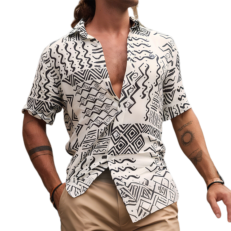 Christopher | Men'S Retro Casual Ethnic Style Geometric Print Lapel Short Sleeve T-Shirt