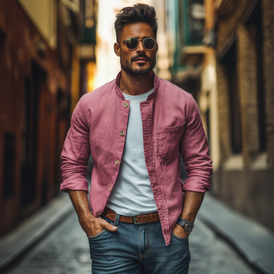 Thad | Men'S Casual Breathable Cotton Stand Collar Single Breasted Patch Pocket Loose Long Sleeve Shirt