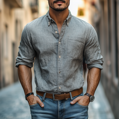 Bill | Men'S Casual Breathable Cotton Linen Lapel Patch Pocket Slim Fit Long Sleeve Shirt