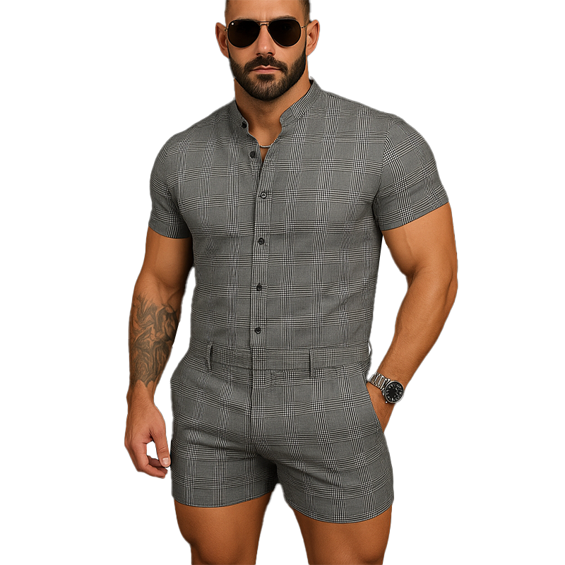 Clint | Men'S Summer Fashion Plaid Cotton And Linen Short Sleeve Shorts Jumpsuit