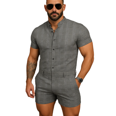 Clint | Men'S Summer Fashion Plaid Cotton And Linen Short Sleeve Shorts Jumpsuit