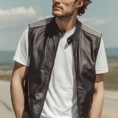 Daryl | Men'S Spring And Summer Fashion Casual Shoulder Splicing Mesh Fabric Stand Collar Zipper Leather Vest