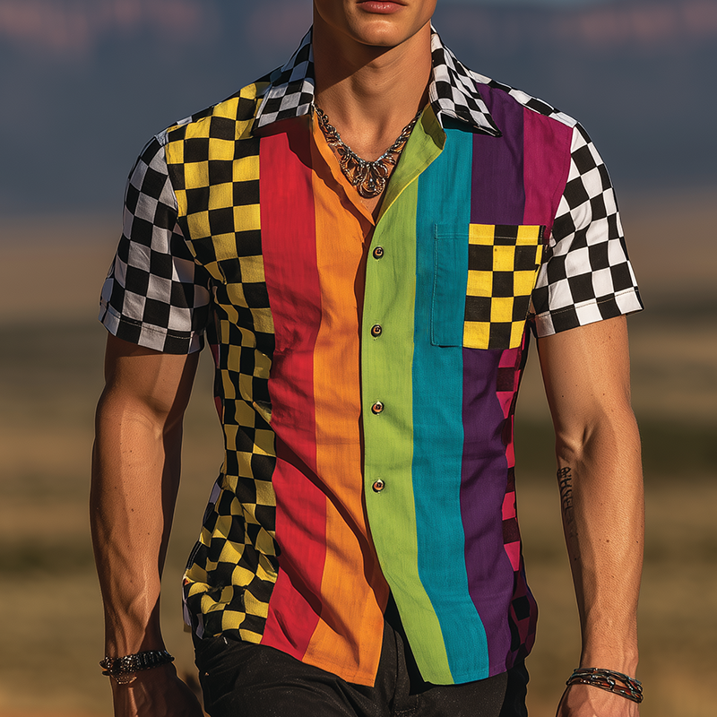 Dale | Men'S Retro Casual Rainbow Checkerboard Print Lapel Short Sleeve Shirt