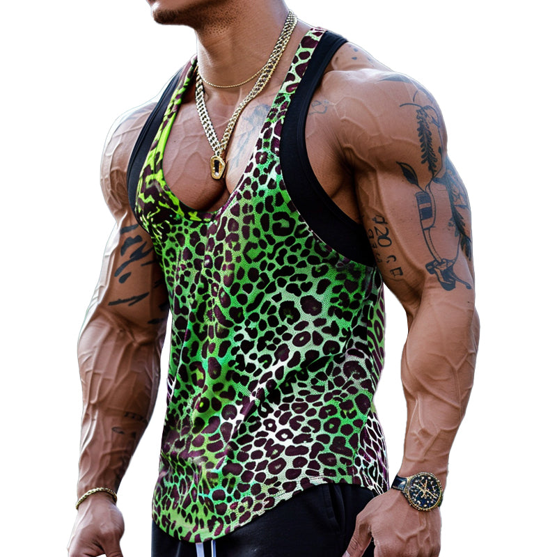 【CLEARANCE】Men's Sexy -Neck Leopard Print Cotn Blend Patchwork Tank