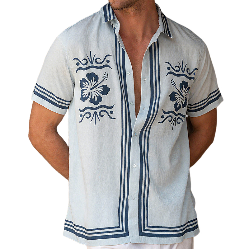Mitch | Men'S Summer Casual Tencel Cotton Floral Print Lapel Short Sleeve Shirt