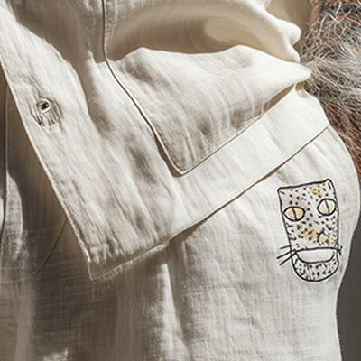 Nelson | Men'S Summer Fashion Cat Embroidery Slub Cotton Casual Shorts