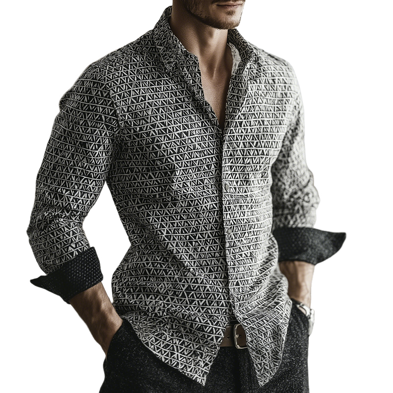 Alexander | Men'S Retro Casual Geometric Cycle Print Lapel Long Sleeve Shirt