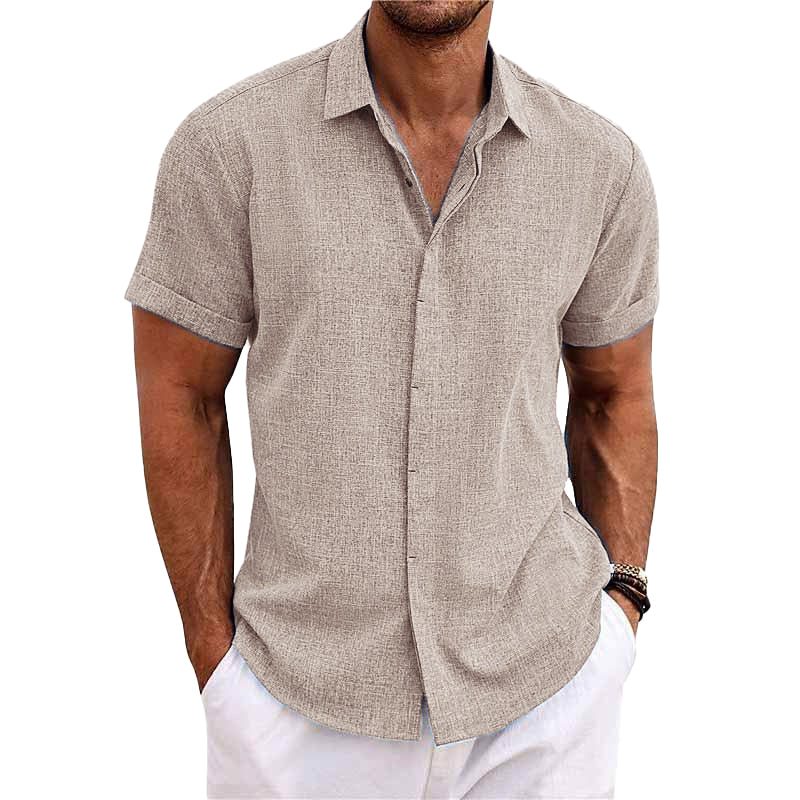 Bess® | Men's Solid Color Lapel Cotton Linen Short Sleeve Shirt 82339241X