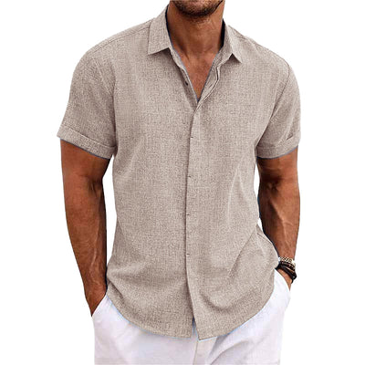 Bess® | Men's Solid Color Lapel Cotton Linen Short Sleeve Shirt 82339241X