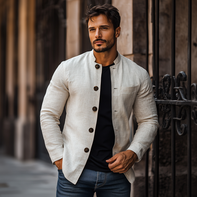 Adrian | Men'S Casual Solid Color Breathable Linen Stand Collar Slim Fit Long Sleeve Shirt Jacket