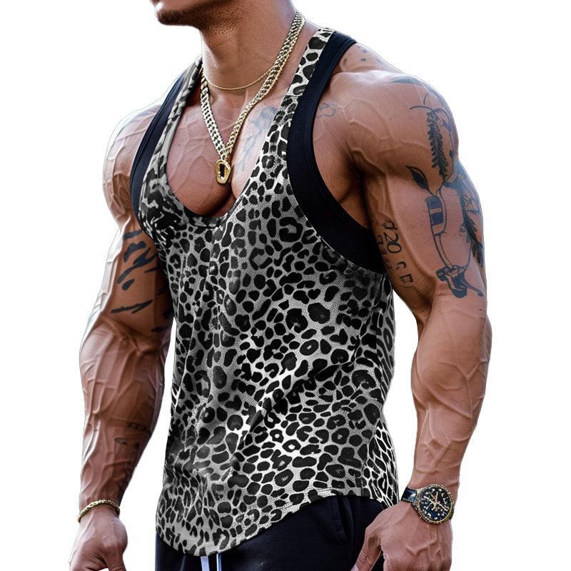 【CLEARANCE】Men's Sexy -Neck Leopard Print Cotn Blend Patchwork Tank