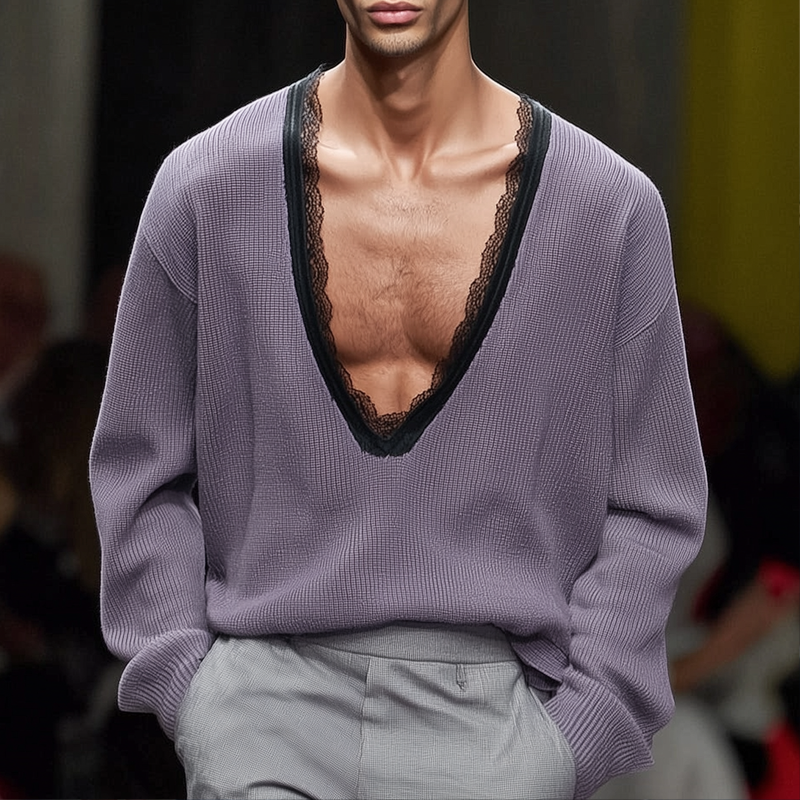 Reginald | Men'S Solid Loose Lace V Neck Long Sleeve Knit Sweater