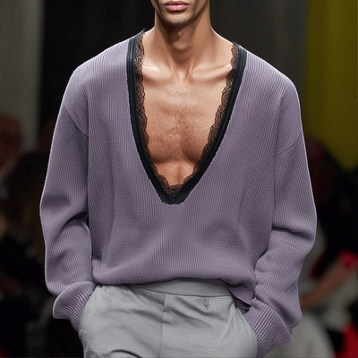 Reginald | Men'S Solid Loose Lace V Neck Long Sleeve Knit Sweater