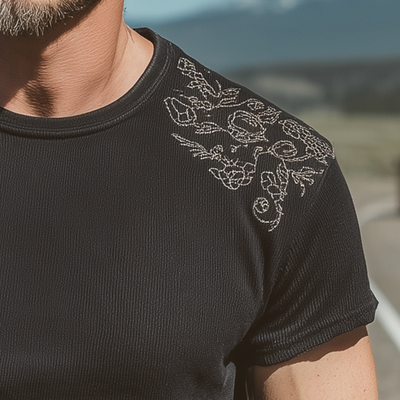 Basil | Men'S Spring And Summer Fashion Casual Shoulder Embroidery Cotton Blended Ribbed Texture Slim Round Neck Short-Sleeved T-Shirt