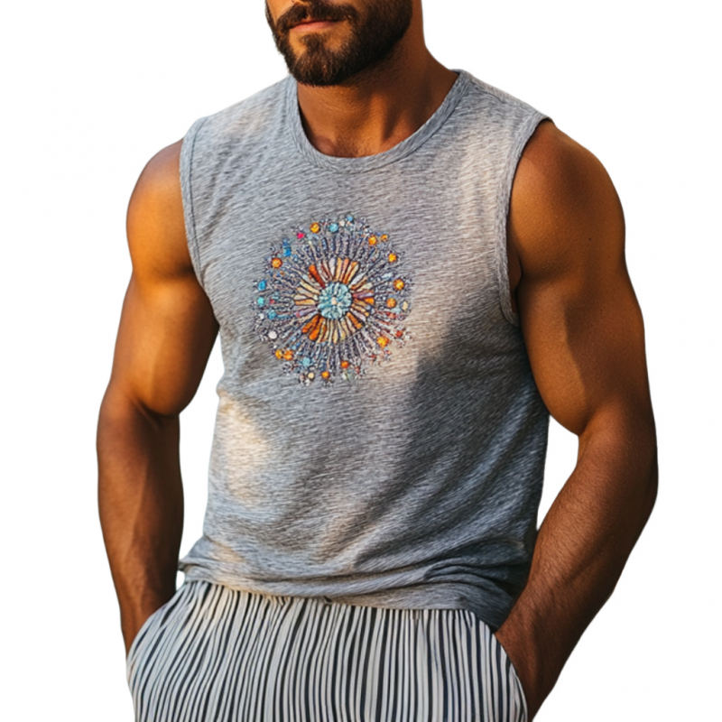 Diego | Men'S Bohemian Embroidered Breathable Bamboo Cotton Round Neck Slim Fit Tank Top