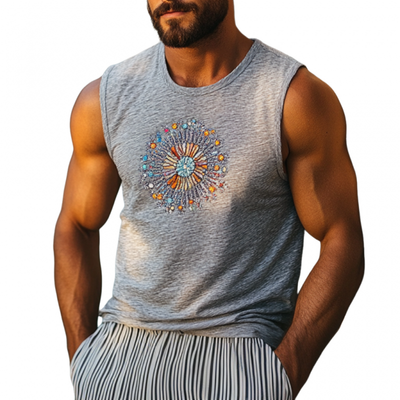 Diego | Men'S Bohemian Embroidered Breathable Bamboo Cotton Round Neck Slim Fit Tank Top