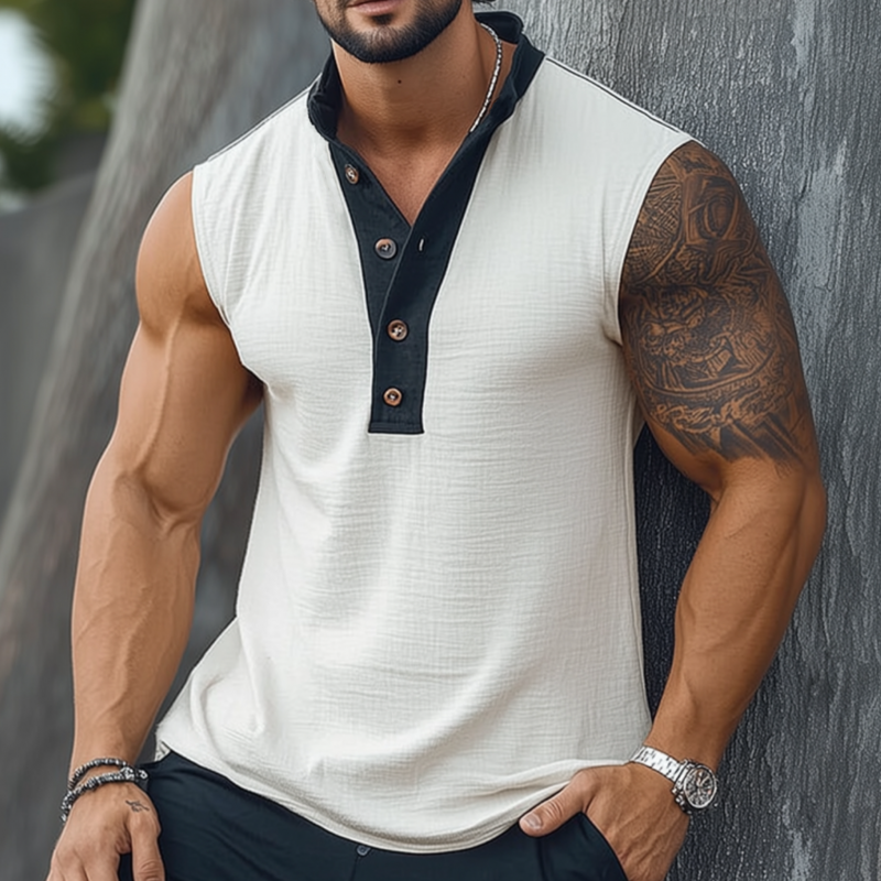 Charles | Men'S Casual Breathable Colorblock Cotton Linen Button Stand Collar Pullover Loose Tank Top