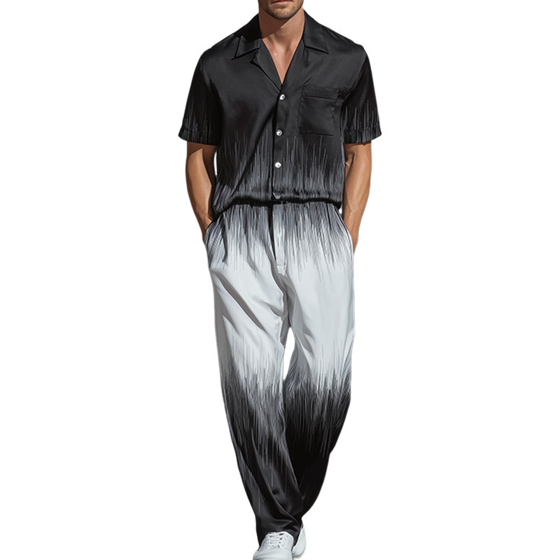 Wiley | Men'S Spring And Summer Fashion Casual Black And White Gradient Printed Satin Short Sleeve Shirt Pants Set