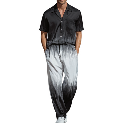 Wiley | Men'S Spring And Summer Fashion Casual Black And White Gradient Printed Satin Short Sleeve Shirt Pants Set