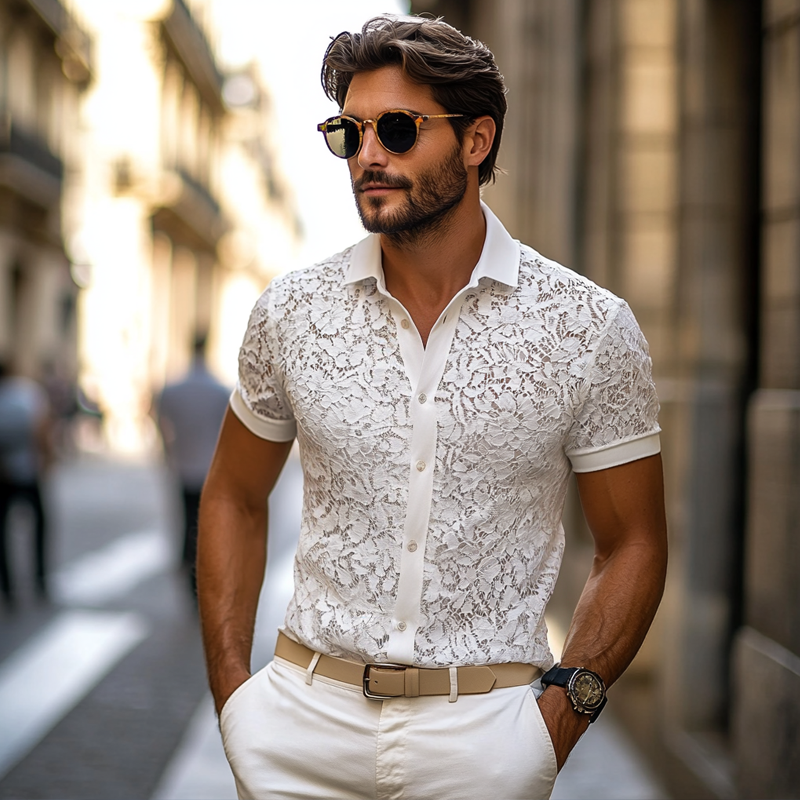 Men's Solid Lace Lapel Short Sleeve Shirt