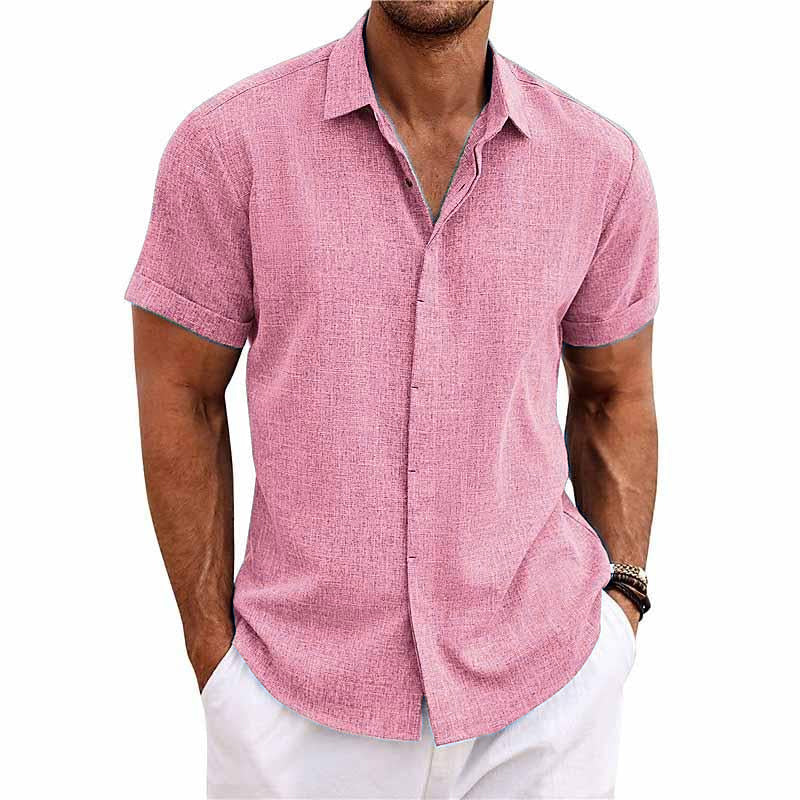 Bess® | Men's Solid Color Lapel Cotton Linen Short Sleeve Shirt 82339241X