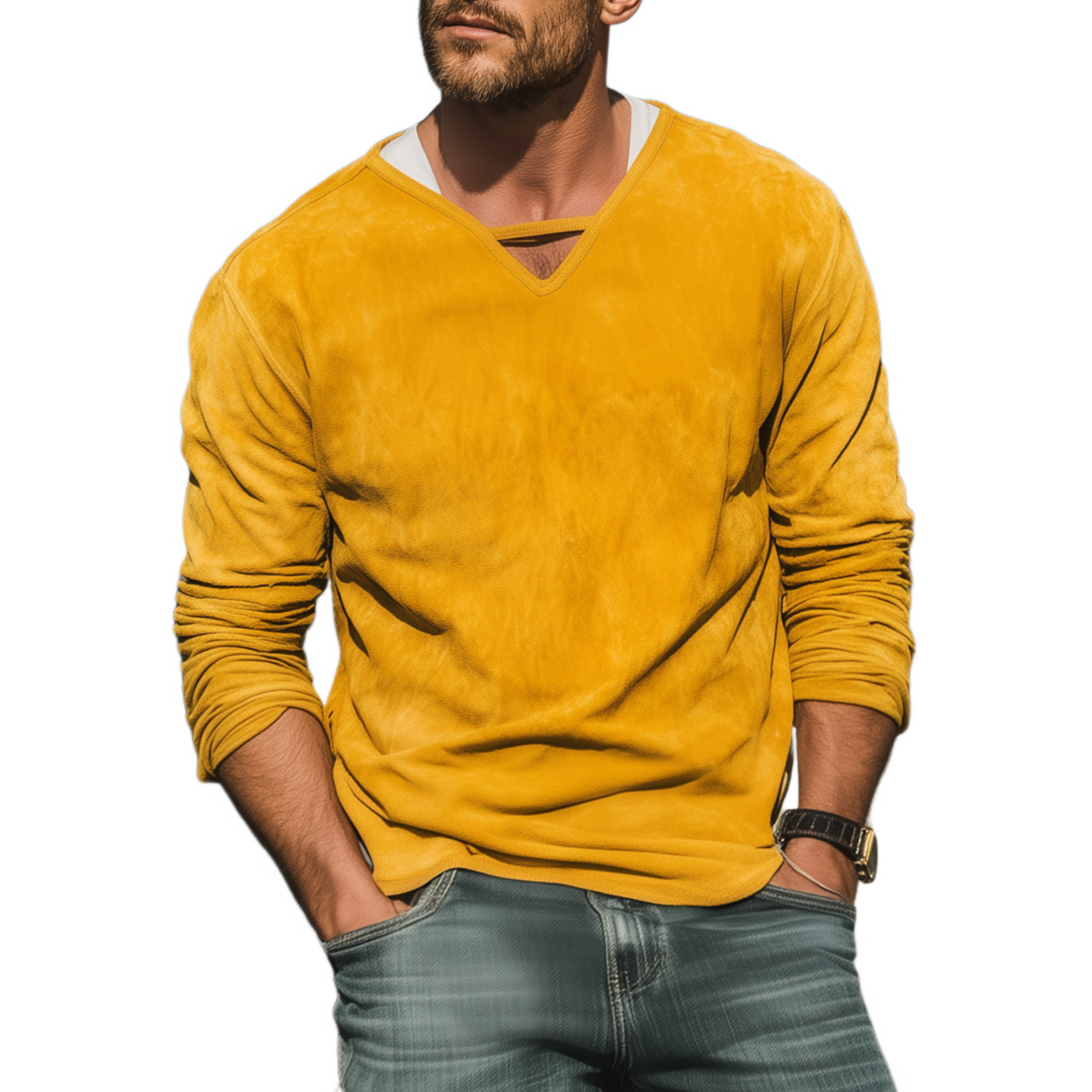 Wayne | Men'S Spring And Summer Fashion Casual Thin Suede V-Neck Loose Long-Sleeved T-Shirt