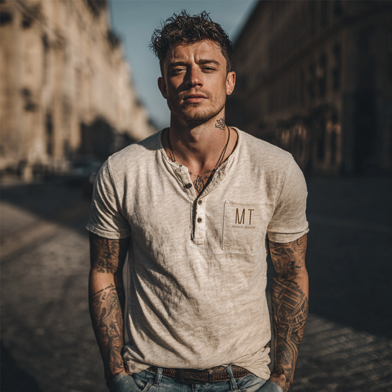 Carlos | Men'S Casual Letter Printed Henley Neck Short Sleeve T-Shirt