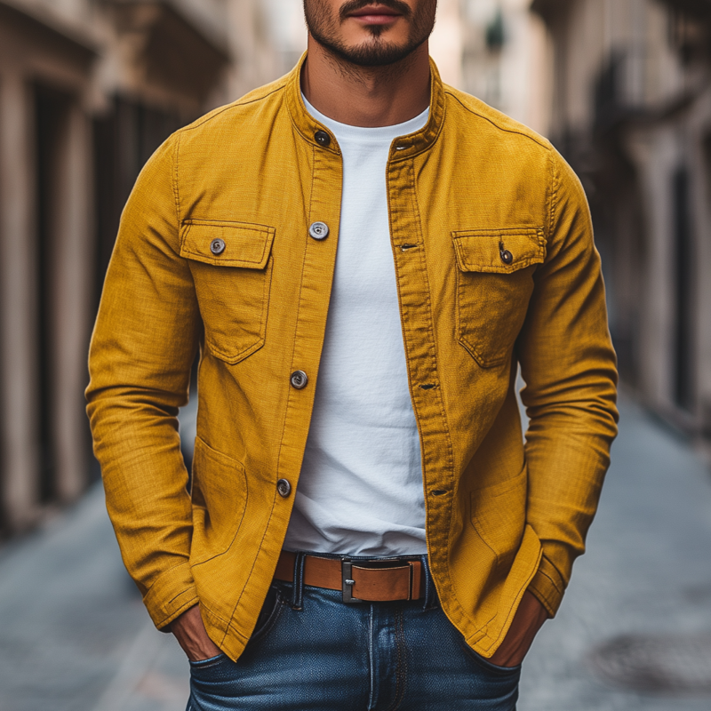 Spencer | Men'S Casual Breathable Solid Color Cotton Stand Collar Single Breasted Multi-Pocket Cargo Jacket