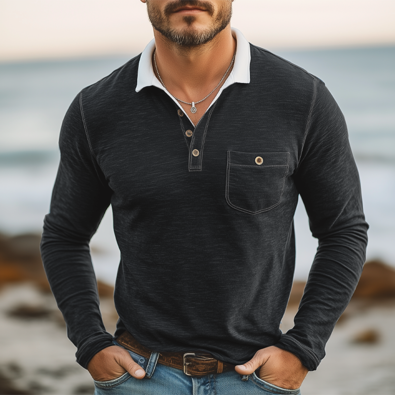 Juan | Men'S Business Cotton Colorblock Collar Long Sleeve Polo Shirt