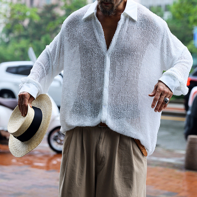 Royce | Men'S Casual Breathable Hollow Mesh Patchwork Lapel Loose Long-Sleeved Shirt