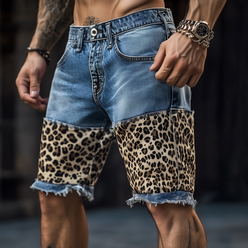 Dennis | Men'S Casual Outdoor Washed Raw Edge Distressed Leopard Patchwork Slim Fit Denim Shorts