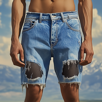 Ignacio | Men'S Spring And Summer Fashion Casual Denim Washed Splicing Mesh Fabric Raw Edge Shorts