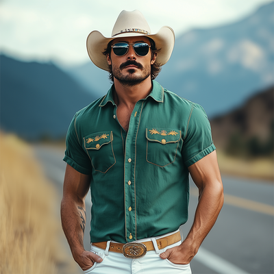 Cody | Men'S Casual American Western Tough Style Cotton Blend Embroidered Slim Short Sleeve Shirt