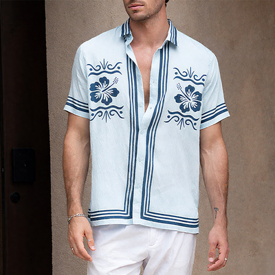 Mitch | Men'S Summer Casual Tencel Cotton Floral Print Lapel Short Sleeve Shirt