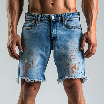 Johnny | Men'S Spring And Summer Fashion Casual Washed Denim Colorful Ink-Splashed Hem Shorts