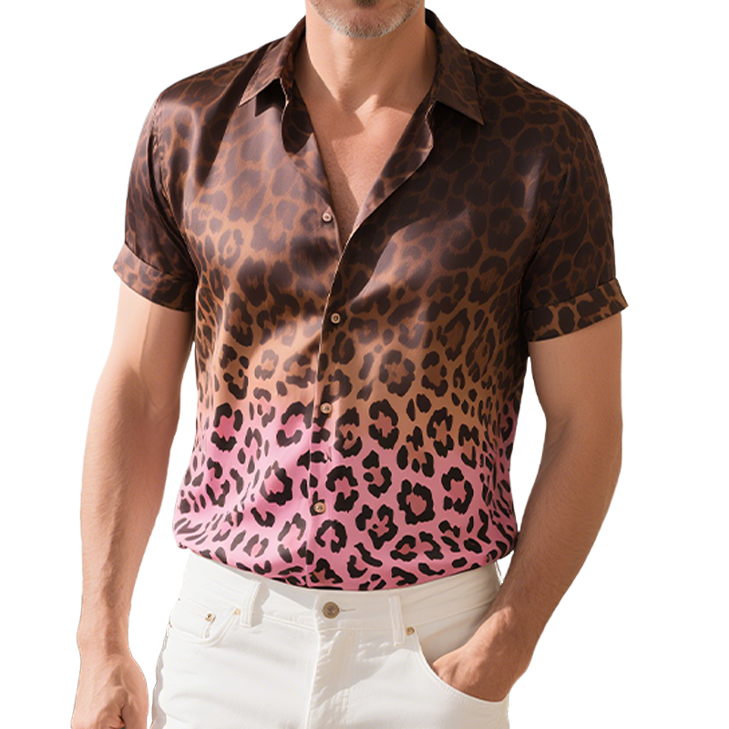 Jed | Men'S Spring And Summer Fashion Casual Satin Gradient Leopard Print Short Sleeve Shirt