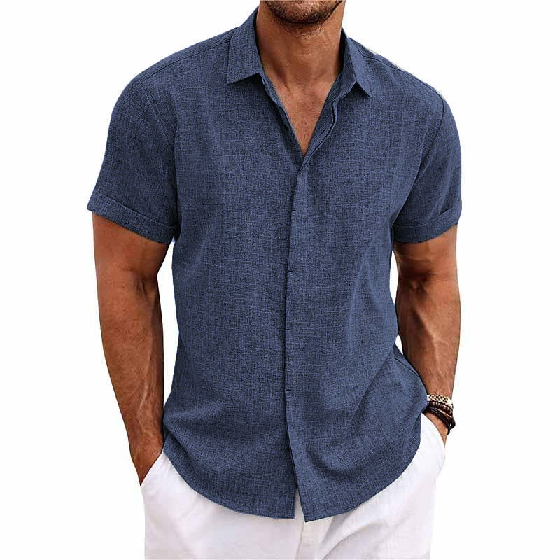 Bess® | Men's Solid Color Lapel Cotton Linen Short Sleeve Shirt 82339241X