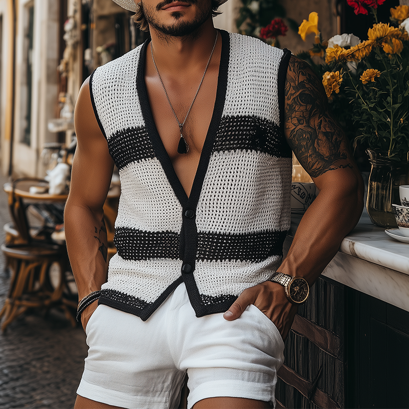 Martin | Men'S Summer Fashion Casual Black And White Horizontal Striped Deep V-Neck Knitted Vest
