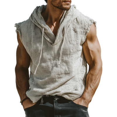 Ty | Men'S Casual Breathable Cotton Linen Striped Hooded Loose Raw Edge Sleeveless Tank Top