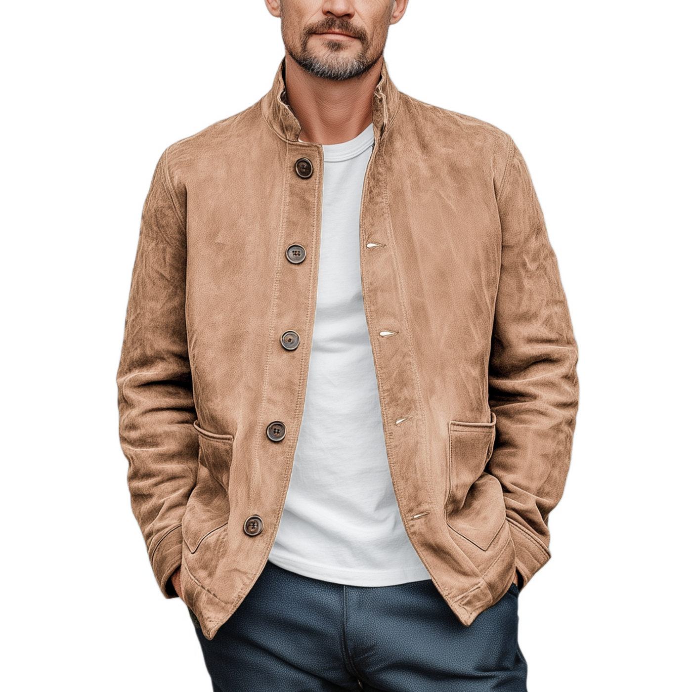 Rodrigo | Men'S Retro Casual Thin Suede Wooden Button Stand Collar Jacket
